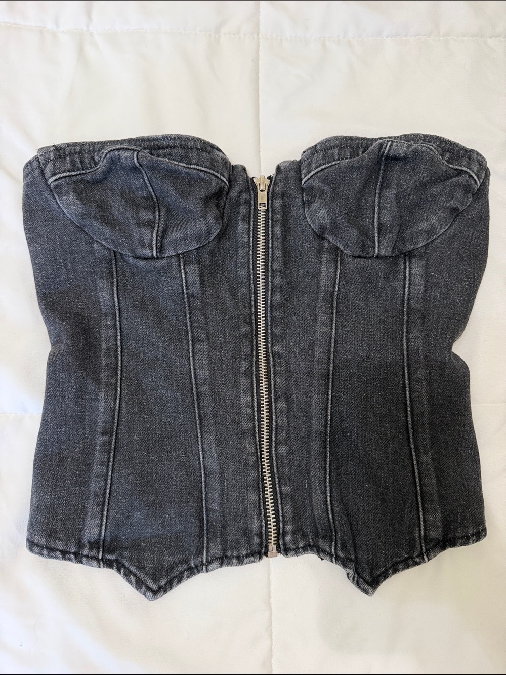 Black Washed Denim Strapless Corset Top with Front Zip
